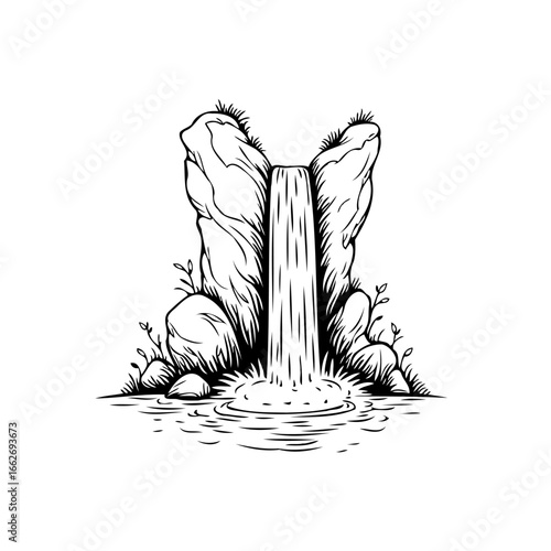 Serene cascade between rocky cliffs in a minimalist landscape illustration offering tranquility