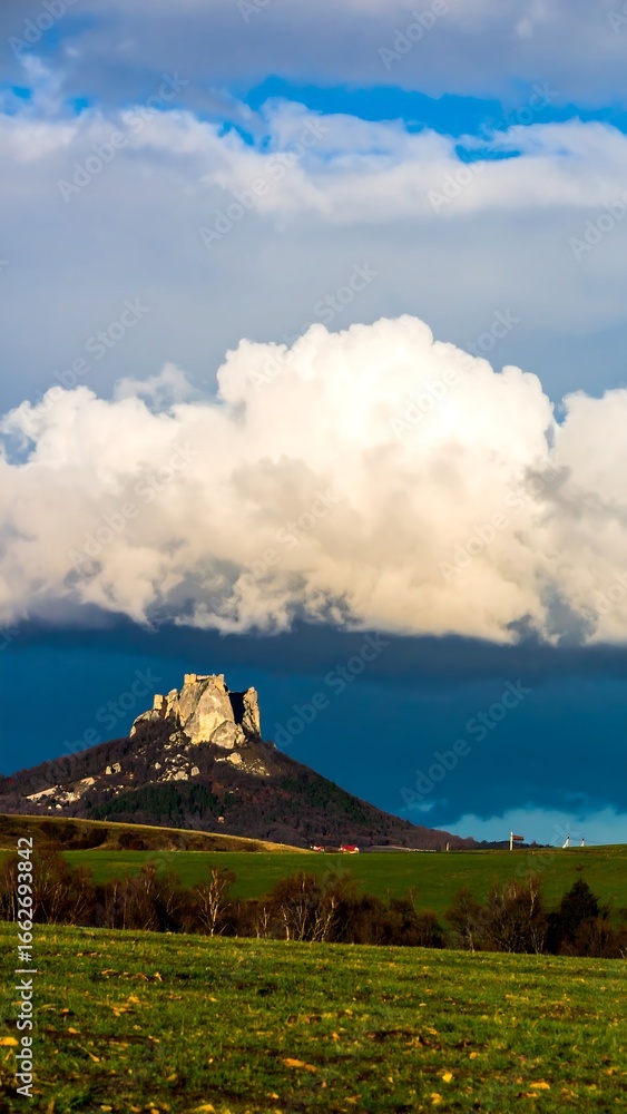 Naklejka premium Hilltop Castle Under Cloudy Sky