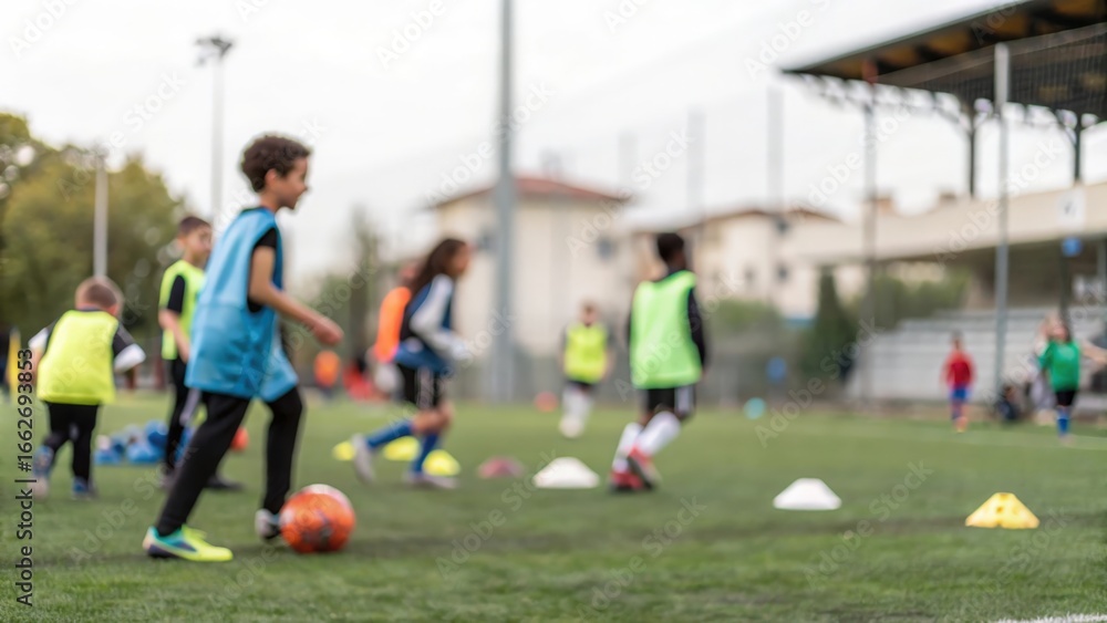 Fototapeta premium Children in soccer training session — learning techniques and enjoying active play