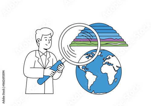 Scientist using a magnifying glass to examine the earth's layers and globe.