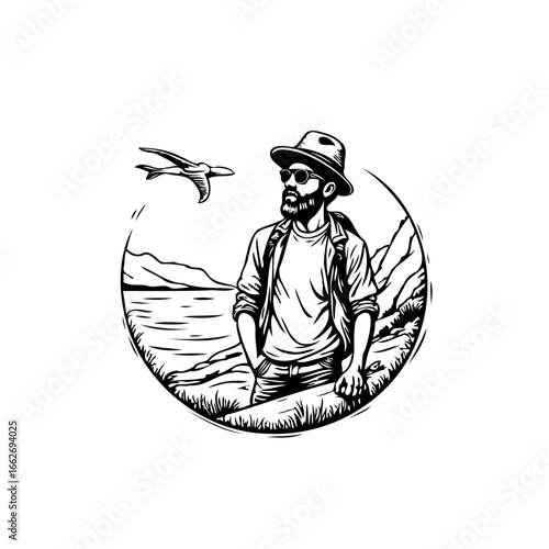 Solo traveler contemplating scenic landscape airplane flying above embodying adventure freedom