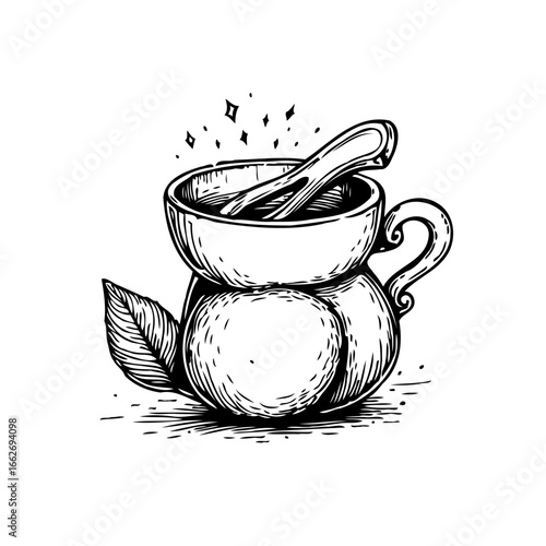 Stylized ceramic cup holding spoon rests on spherical fruit with nearby leaf artistic illustration
