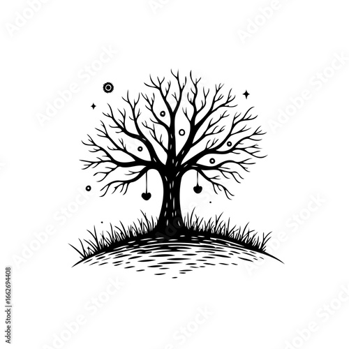 Stylized monochrome tree illustration evokes nature's elegance on elevated ground with astral and