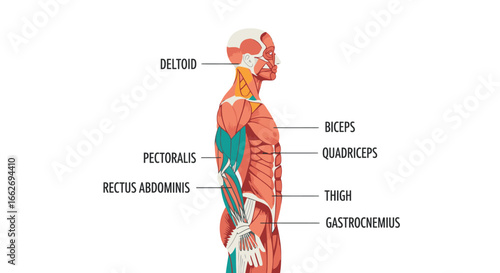 Detailed anatomical illustration showcasing human musculature, perfect for medical, fitness, and educational content.