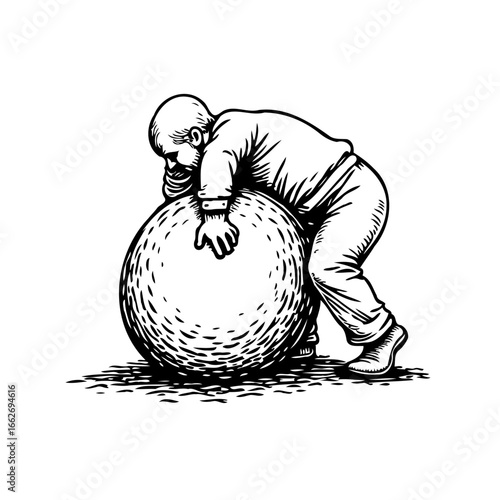 The unrelenting effort of pushing a monumental sphere reflects determination and challenging