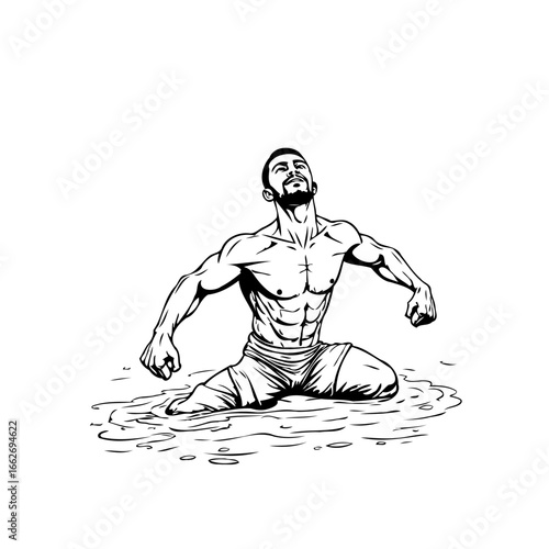 Triumphant muscular man kneeling in water radiating strength and accomplishment with expressive