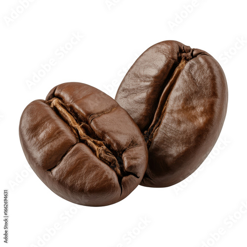 Two roasted coffee beans isolated on transparent background