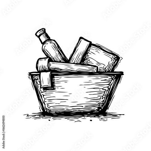 Vintage rustic basket illustration featuring bottle goods and cloth creating nostalgic countryside