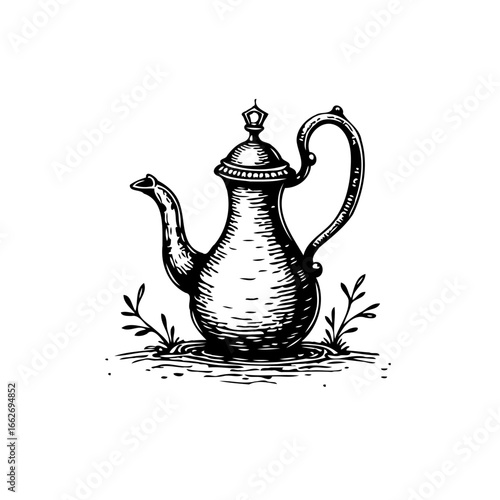 Vintage stylized teapot illustration delicate refinement antique aesthetics detailed engraving