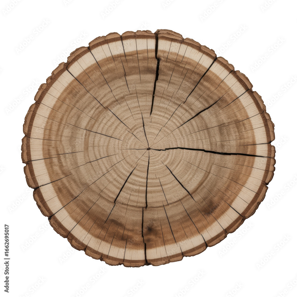 Fototapeta premium Close up of a tree trunk cross section with visible growth rings isolated on transparent background