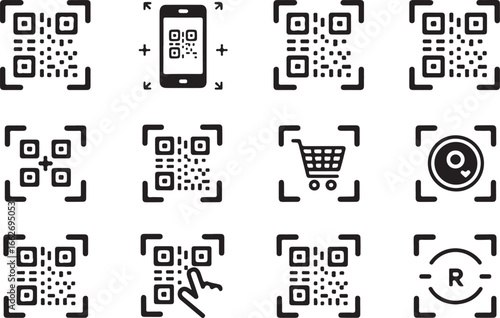 Collection of QR Codes with Icons for Shopping, Audio, and Navigation