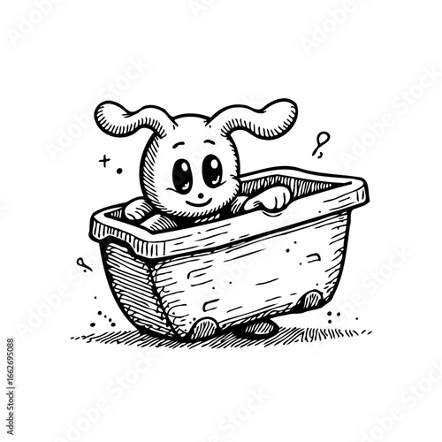 Whimsical bunny enjoying bath time a hand drawn monochrome illustration conveying sweetness
