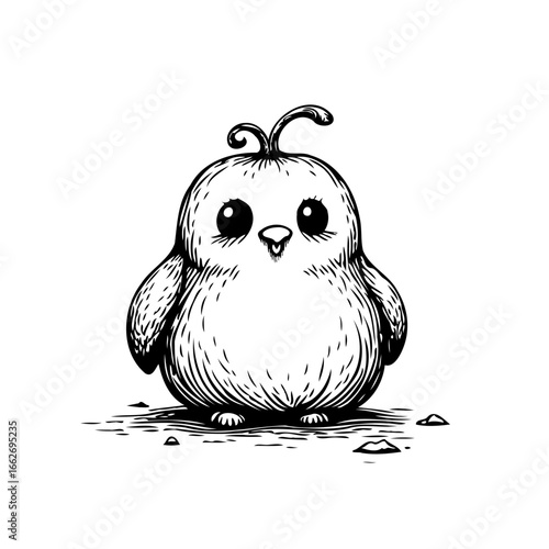 Whimsical chick illustration with expressive eyes hatching a new perspective on playful