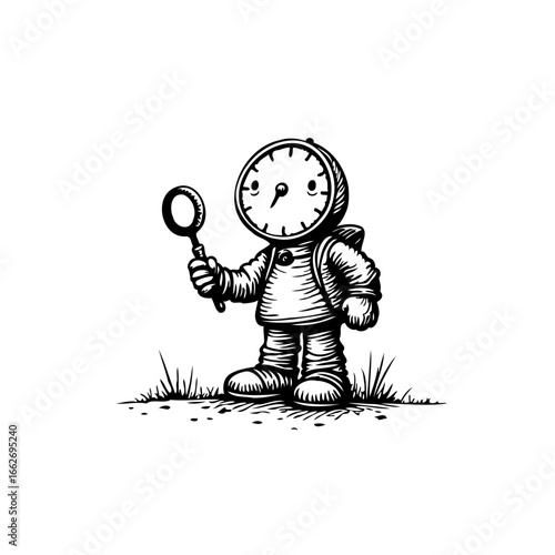 Whimsical clock figure examining the world with curiosity and wearing backpack in a stylized