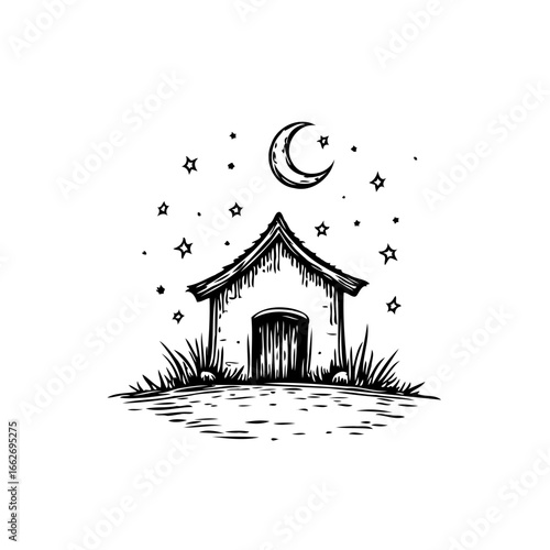 Whimsical countryside dwelling beneath starry night sky illustration enchanting simplicity