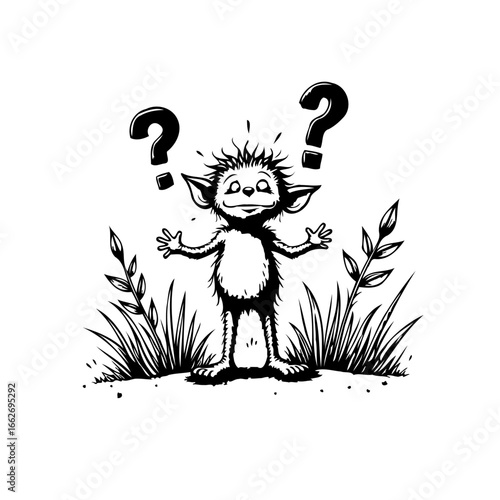 Whimsical creature amidst foliage ponders the unknown with delightful bewilderment and innocent