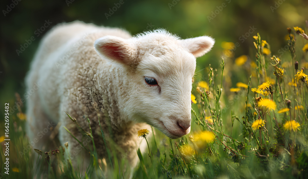 Fototapeta premium portrait of cute little lamb grazing in green spring meadow
