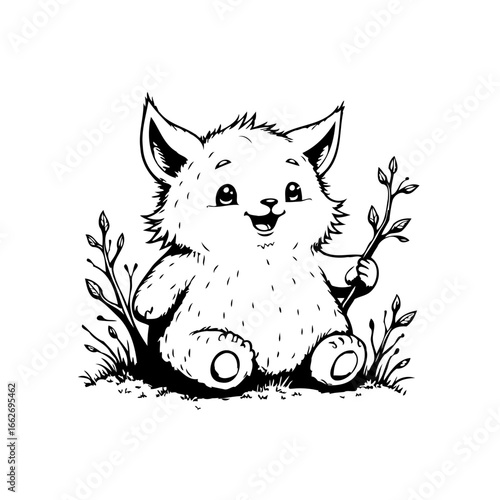 Whimsical creature in monochrome line art with branch a charming animal drawing for illustrations