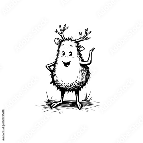 Whimsical creature with antlers standing on grass and smiling a delightful illustration in black