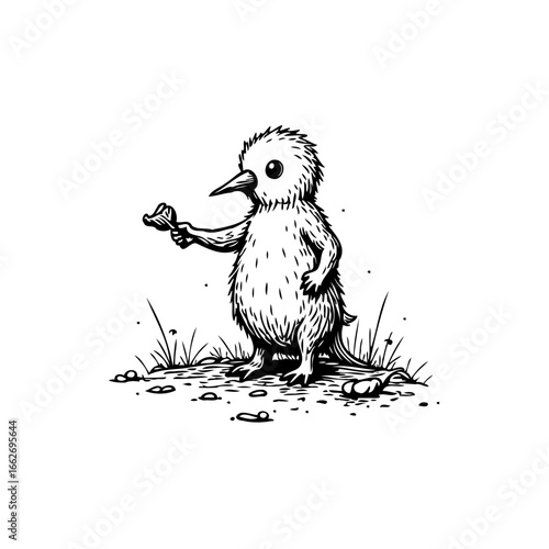 Whimsical feathered creature offering a gift a surreal black and white drawing with intricate