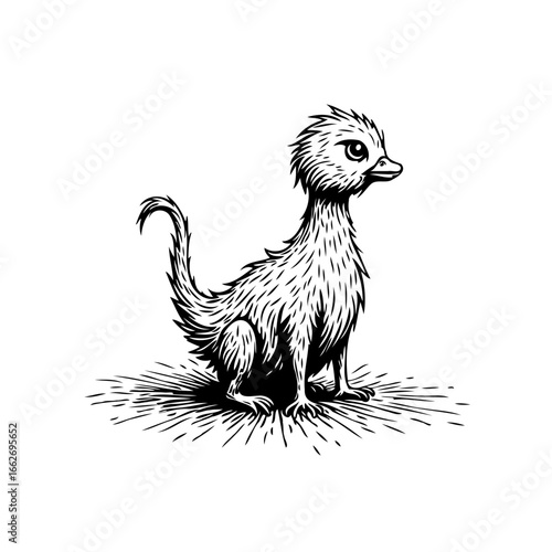 Whimsical feathered creature with a duckbill sitting serenely isolated against a plain background