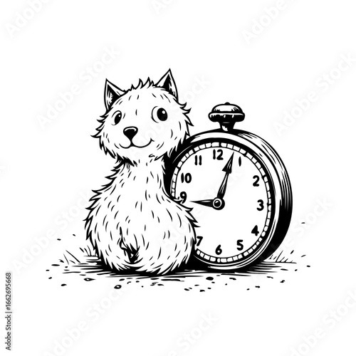 Whimsical feline companion alongside a classic timepiece illustration evoking timeless moments and