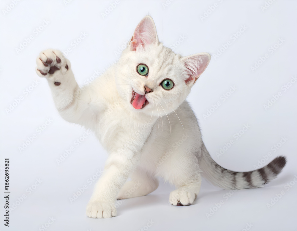 Obraz premium American Shorthair kitten playing with paw raised, pure white background