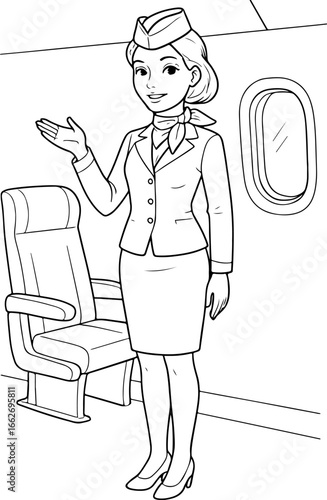 Minimalist Line Art of Flight Attendant Welcoming Passengers Inside Airplane Cabin – Elegant Travel Staff Illustration for Aviation, Education, and Coloring Use