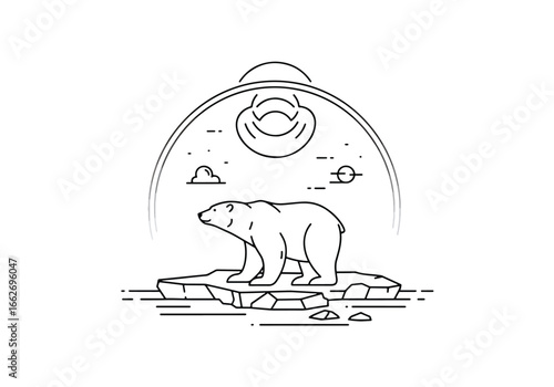 Line art illustration of a polar bear standing on an ice floe under a stylized arctic sky.
