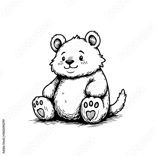 Whimsical ink sketch of a charming bear cub sitting upright expressing pure sweetness and innocent