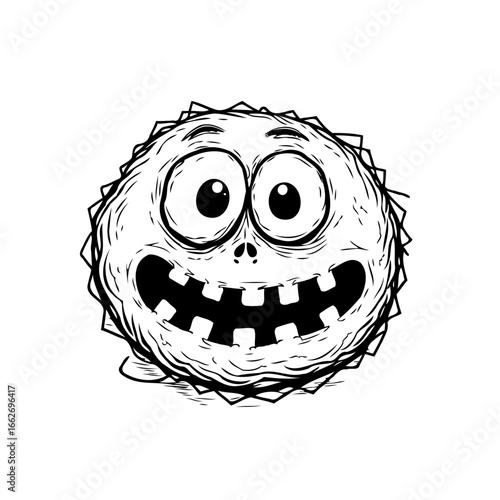 Whimsical monochrome cartoon illustration of a spiky globular character with large eyes and toothy