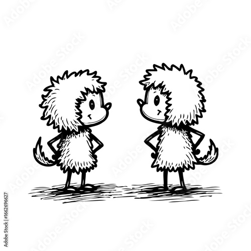 Whimsical pair of sketched creatures with expressive eyes in playful anticipation for creative