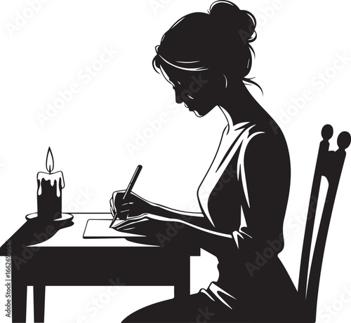 Silhouette of a woman writing by candlelight at a desk