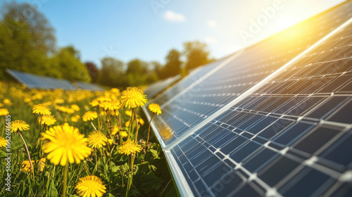Solar panels in a field of dandelions under a sunny sky isolated on transparent background