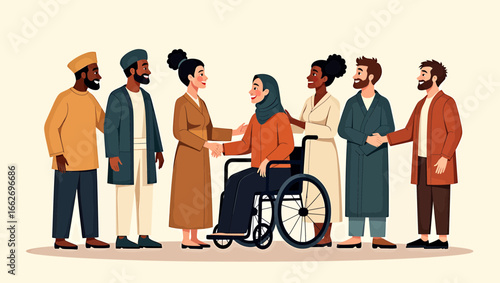 Inclusive Vector Illustration of Diverse People with Wheelchair User
