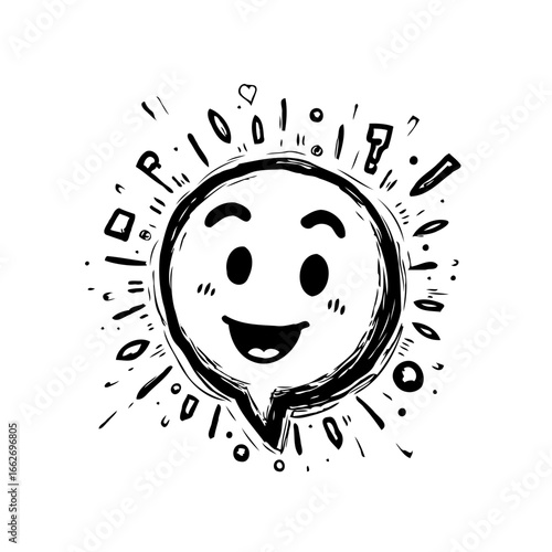 Whimsical speech bubble character radiates joy and communicates through expressive sketch style