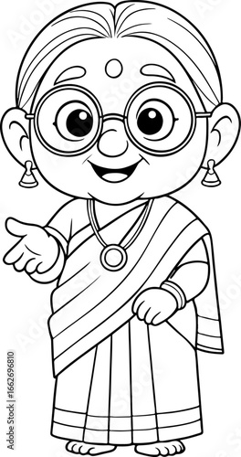 Indian Elderly Woman Line Art – Traditional Saree Portrait Illustration for Cultural Education, Merch, and Inclusive Design