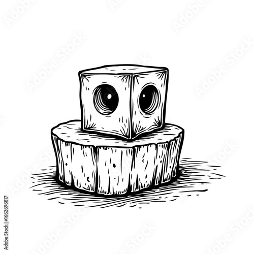 Whimsical stacked block creature quirky cube character illustration perched on wooden platform