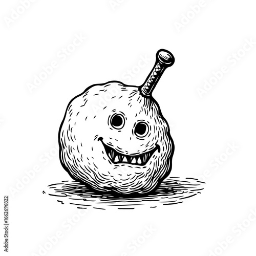 Whimsical sphere character with a unique protuberance expressing playful joy on white surface