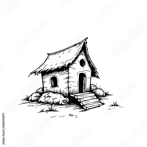 Whimsical thatched cottage a cartoon style illustration surrounded by rocks with small wooden