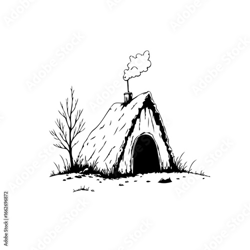 Whimsical thatched hut illustration evokes rustic charm and simple living nestled within nature's