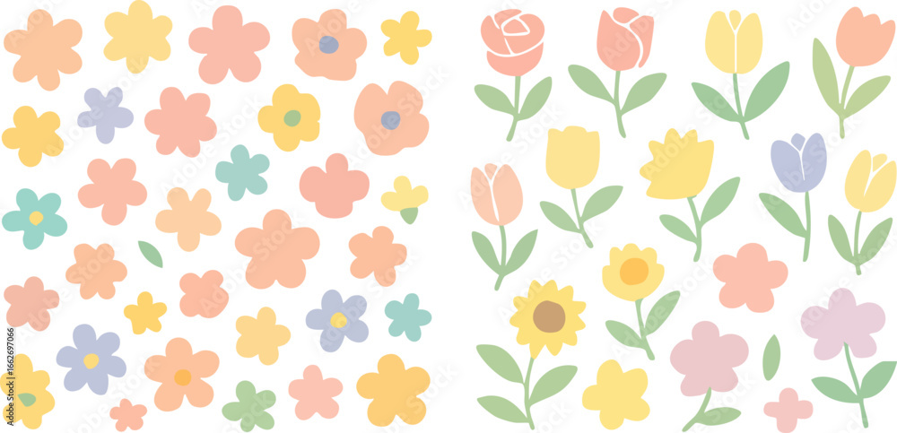 Fototapeta premium Collection of cute minimalist pastel flowers and blossoms.