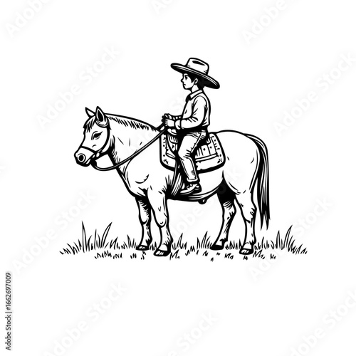 Young cowboy riding pony horse sketch illustration black and white adventurous journey to the