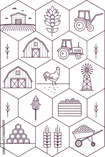 Vector of Farm life icons arranged in a honeycomb pattern with agricultural elements.