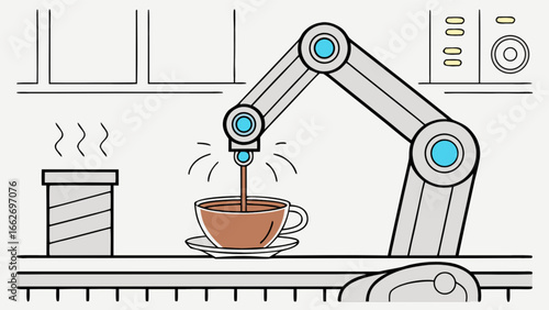 Automated coffee brewing robot arm pouring espresso machine caffeine drink technology illustration concept