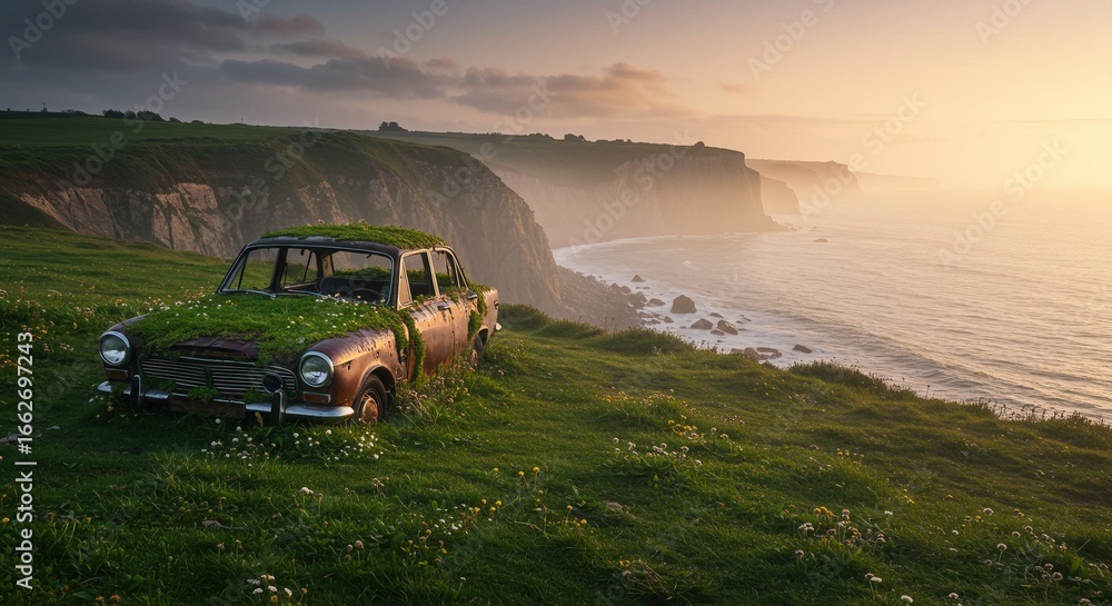 Fototapeta premium Abandoned Car on Coastal Cliff at Sunset A Serene Landscape Photograph