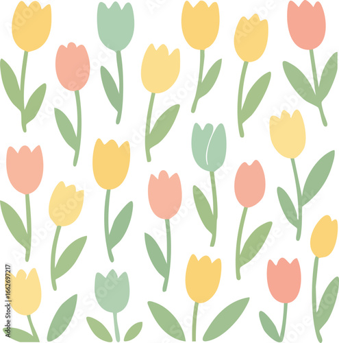Cute spring floral pattern with colorful tulips on a white background.