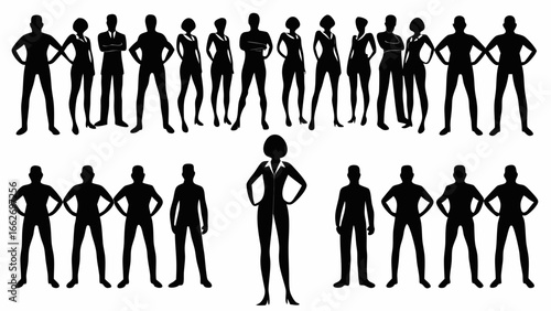Silhouette illustration of diverse business team with confident poses and leadership figure at the center