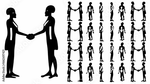 Silhouette illustrations of people shaking hands and standing in various front and side views on white