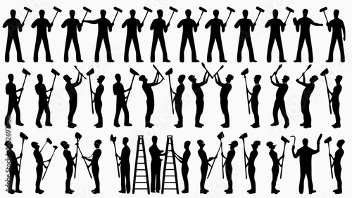 Silhouette illustration of a group of chimney sweeps with their tools and ladders in various poses